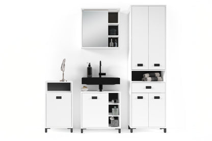 Badezimmer Seitenschrank WELLNESS in Artisan Eiche, Griff aus Metall in schwarz / Badschrank mit einem offenen Fach und einer Tür / B 42, H 77,5, T 31 cm