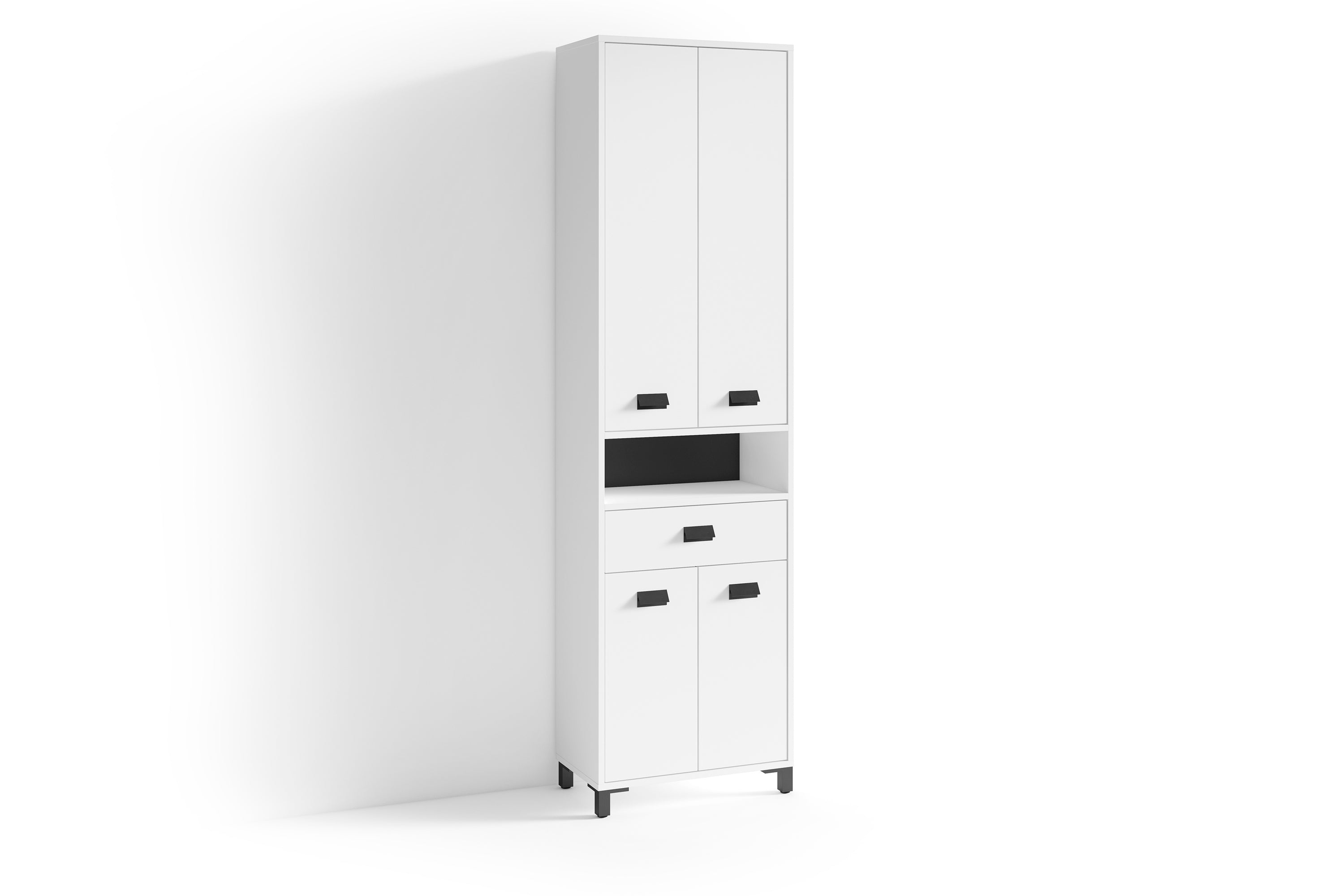 Badezimmer-Hochschrank WELLNESS in Artisan Eiche, Griffe aus Metall in schwarz / Badezimmerschrank 4 Türen mit offenen Elementen &amp; viel Stauraum / B 54, H 193, T 31 cm