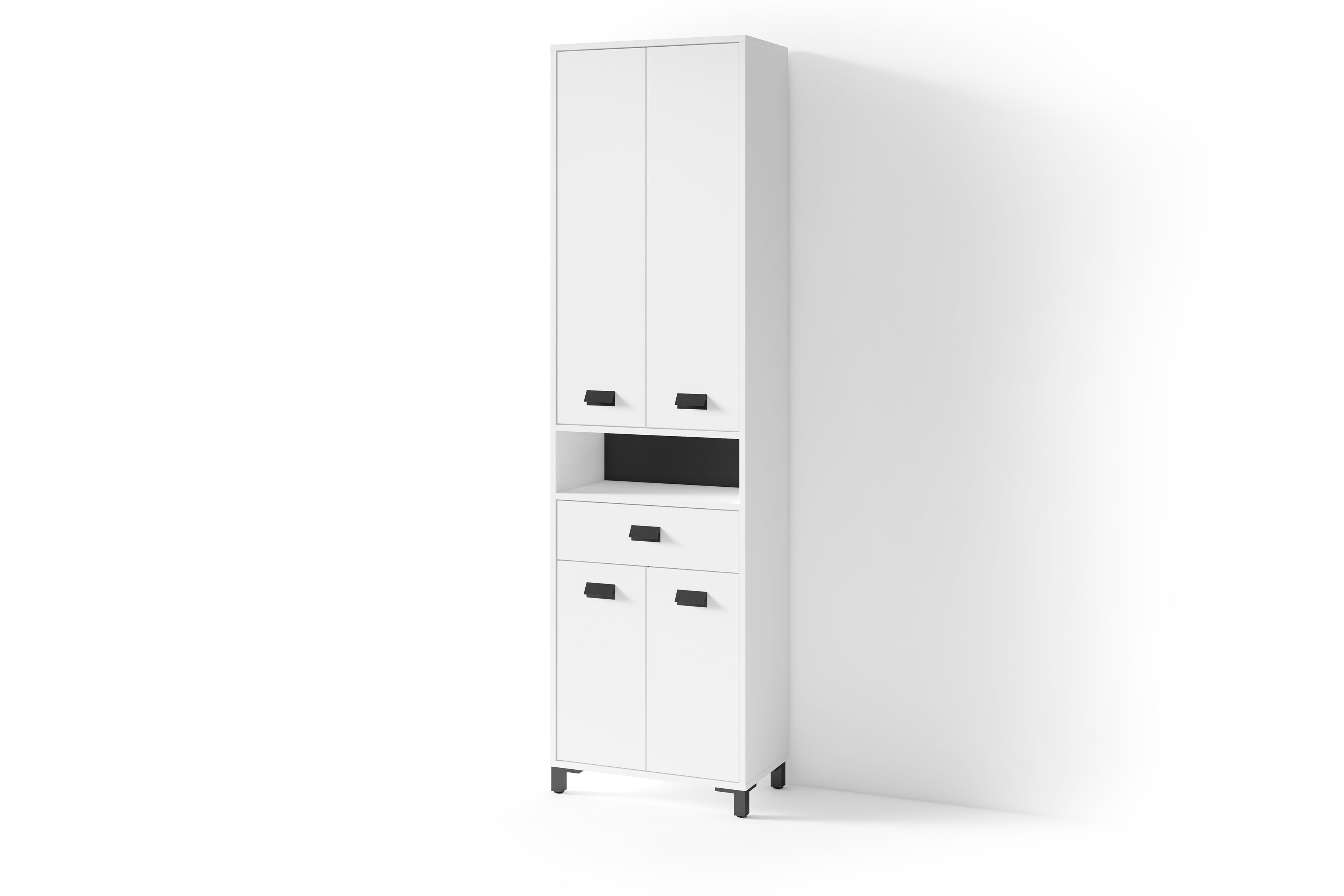 Badezimmer-Hochschrank WELLNESS in Artisan Eiche, Griffe aus Metall in schwarz / Badezimmerschrank 4 Türen mit offenen Elementen &amp; viel Stauraum / B 54, H 193, T 31 cm