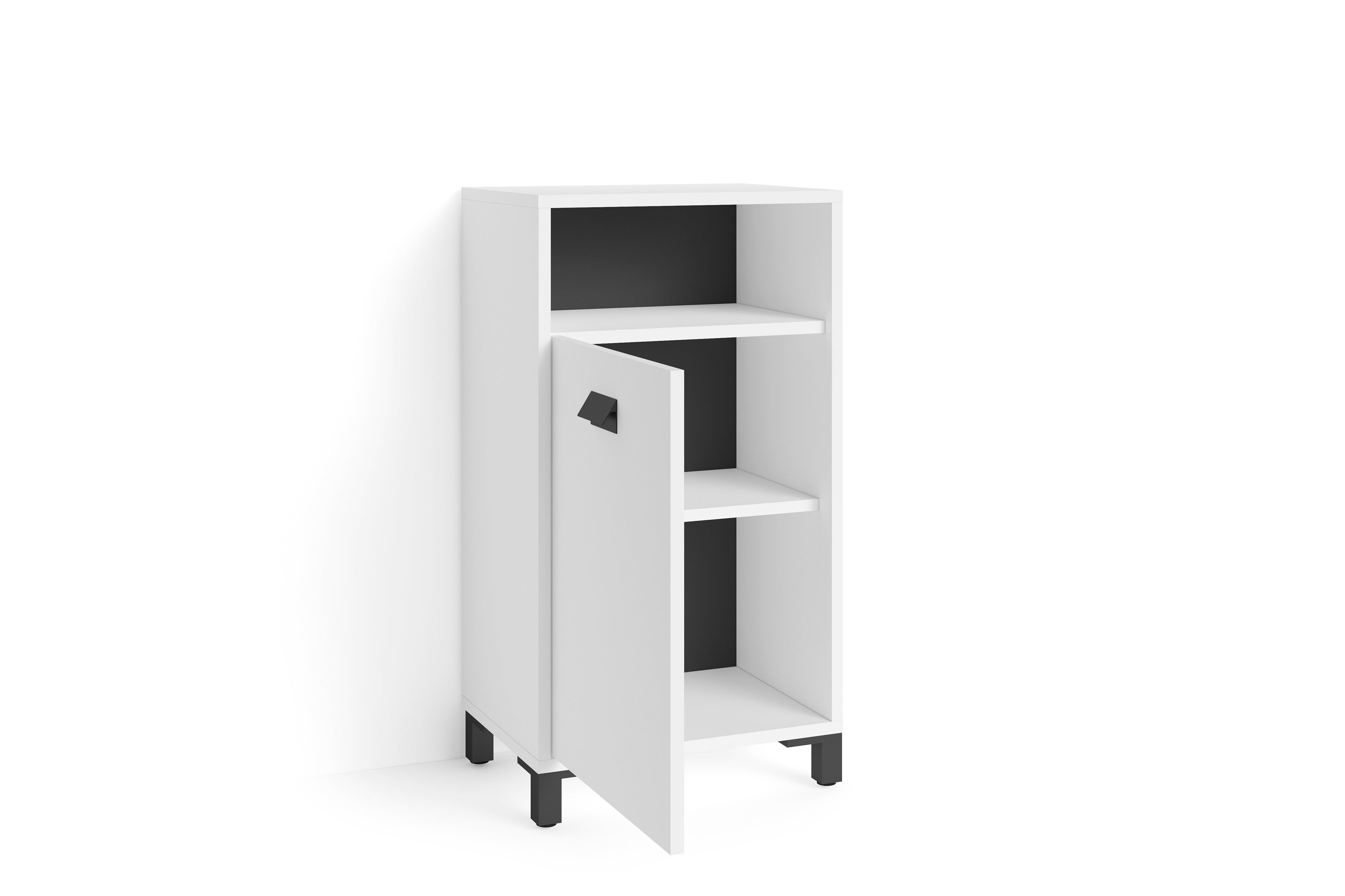 Badezimmer Seitenschrank WELLNESS in Artisan Eiche, Griff aus Metall in schwarz / Badschrank mit einem offenen Fach und einer Tür / B 42, H 77,5, T 31 cm