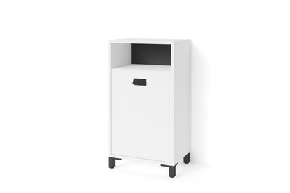 Badezimmer Seitenschrank WELLNESS in Artisan Eiche, Griff aus Metall in schwarz / Badschrank mit einem offenen Fach und einer Tür / B 42, H 77,5, T 31 cm