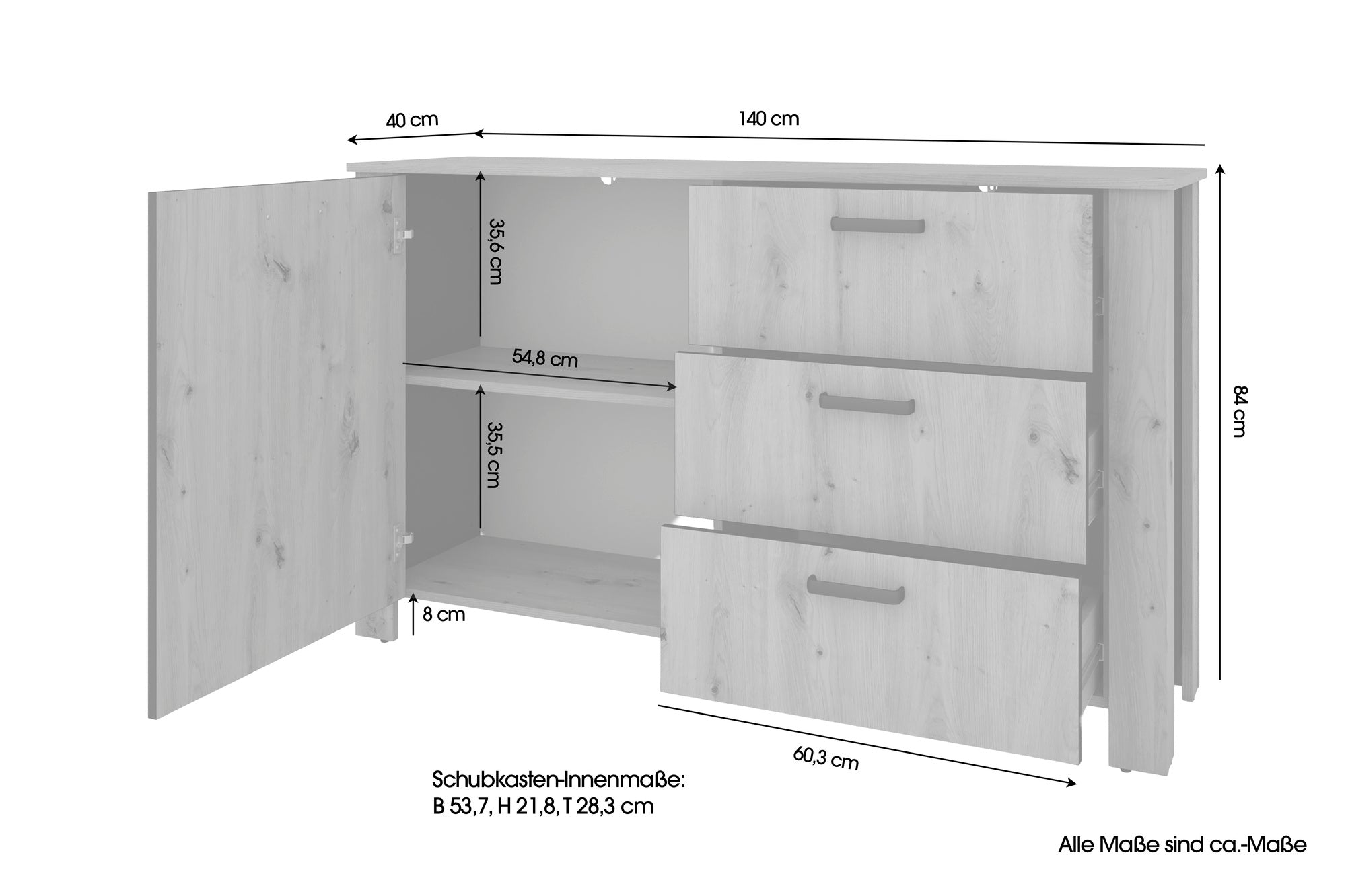 Sideboard FARO / Artisan Eiche (Eiche-Optik) oder weiß, Absetzung in schwarz / 1 Tür und 3 Schubkästen / verstellbare Einlegeböden / viel Stauraum / Kommode / Anrichte / Maße: B 140, H 84, T 40 cm