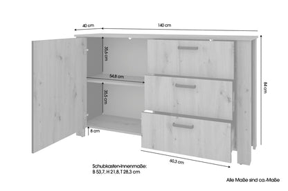 byLIVING Sideboard FARO / Artisan Eiche (Eiche-Optik) oder weiß, Absetzung in schwarz / 1 Tür und 3 Schubkästen / verstellbare Einlegeböden / viel Stauraum / Kommode / Anrichte / Maße: B 140, H 84, T 40 cm