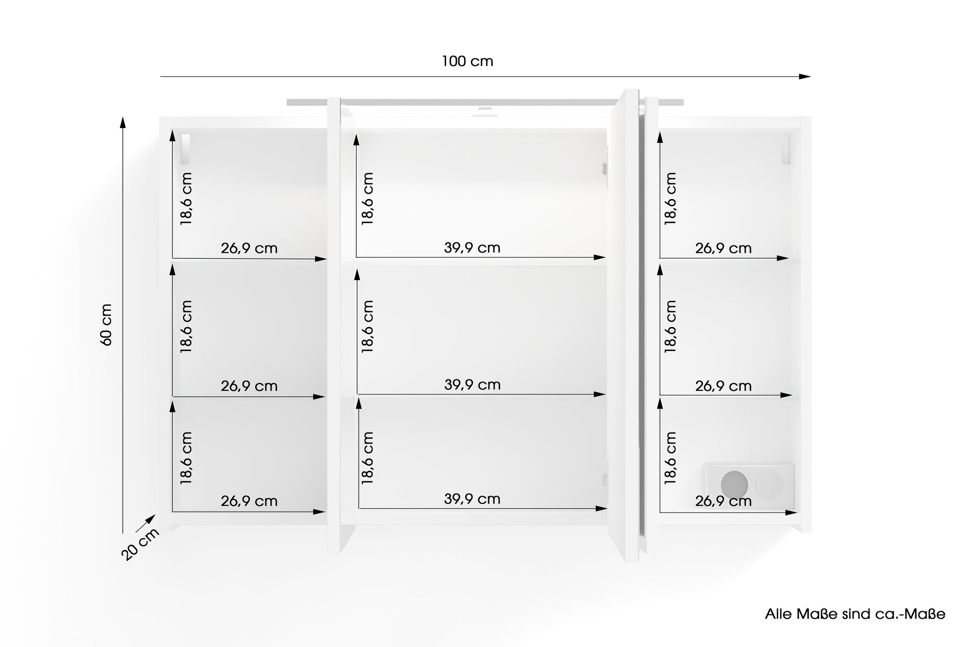 byLIVING Spiegelschrank SPREE / Korpus matt weiß oder anthrazit mit Spiegeltüren / Hängeschrank mit Soft-Close-Funktion / Inklusive LED-Beleuchtung / Badschrank mit Stecker- und Schalterdose / B 100, H 60, T 20 cm