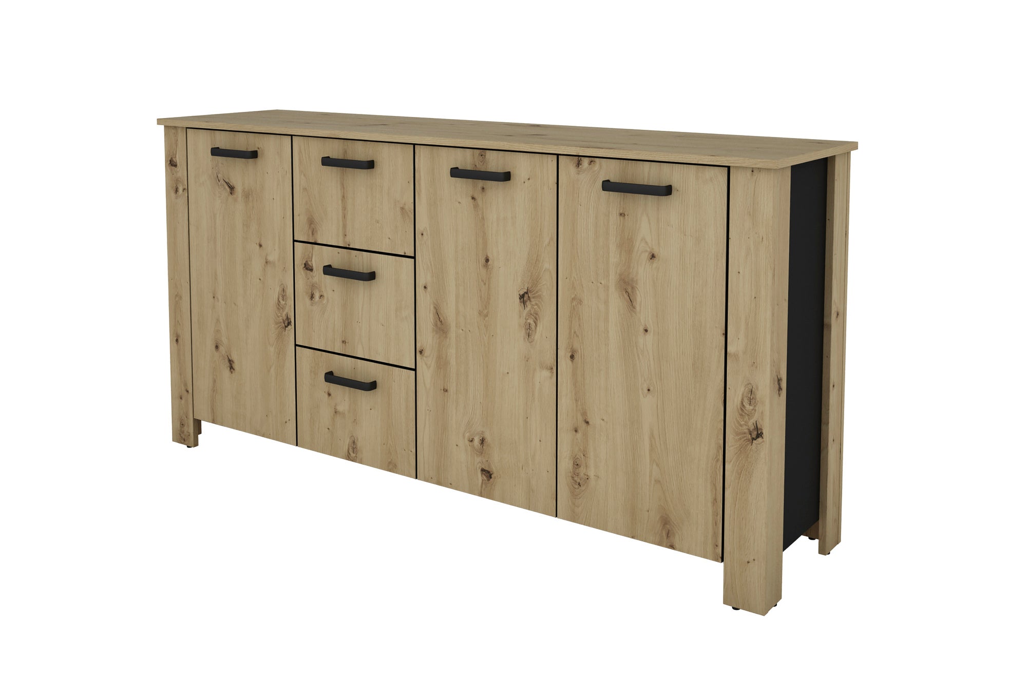 Sideboard FARO / Artisan Eiche (Eiche-Optik) oder weiß, Absetzung in schwarz / Stollenoptik / 3 Türen und 3 Schubkästen / verstellbare Einlegeböden / viel Stauraum / Kommode / Anrichte / Maße: B 160, H 84, T 40 cm