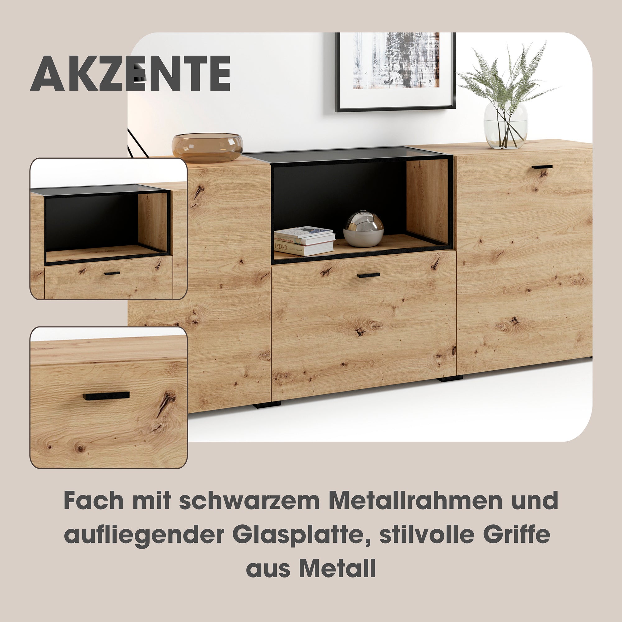 byLIVING Sideboard FRAME / Artisan Eiche (Eiche-Optik) / Fach mit Metallrahmen und Glasablage, verstellbare Böden / Anrichte / Kommode / Maße: B 200, H 75,5, T 37,5 cm