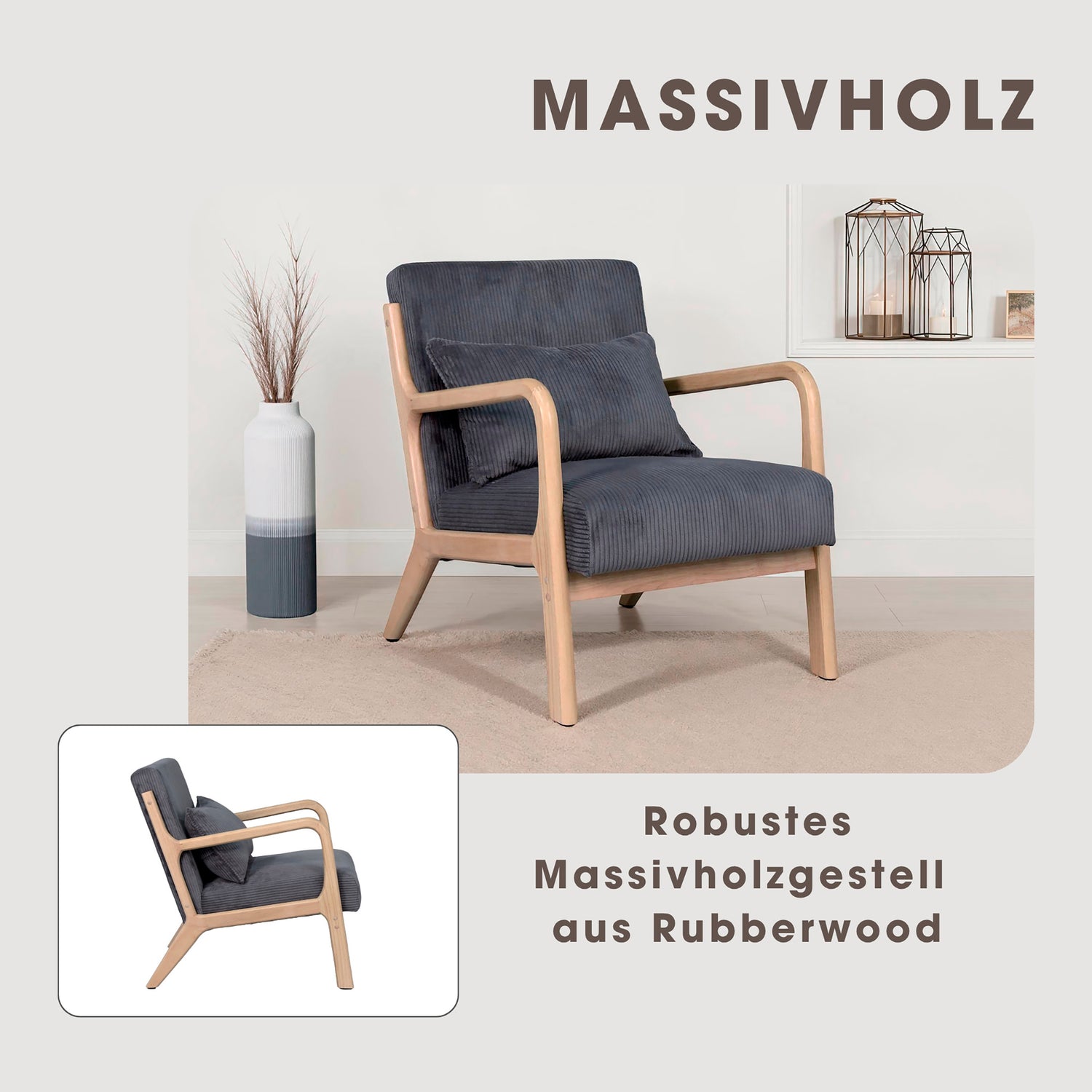 byLIVING Sessel NOHR / Grob-Cord off-white oder grau / Gestell und Armlehnen Massivholz natur / B 65,5, H 78, T 84 cm