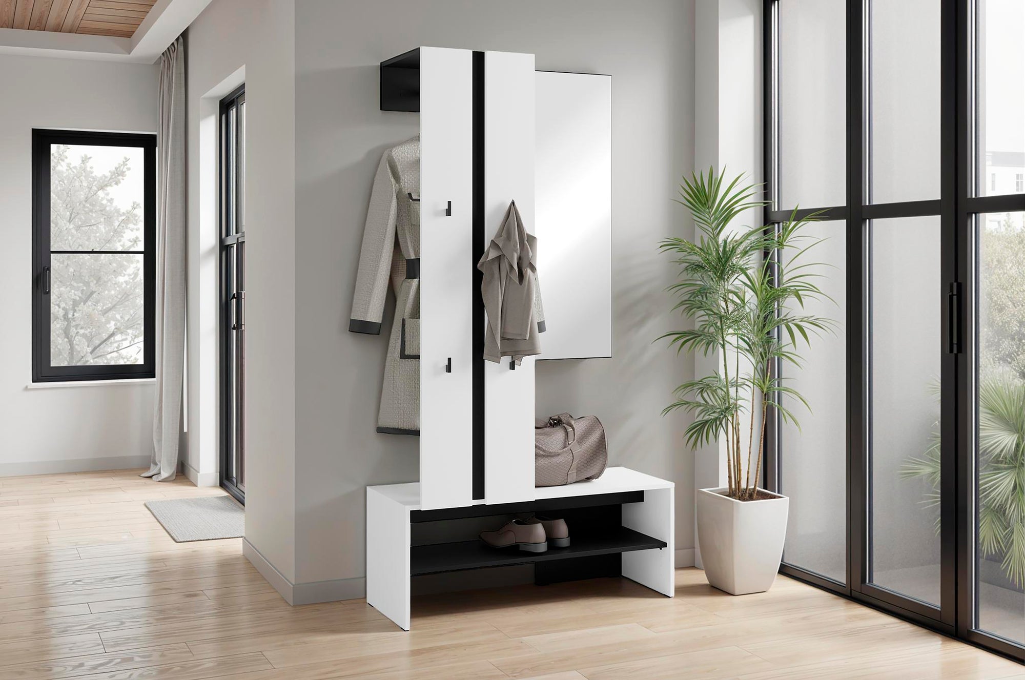 Kompaktgarderobe NANTE / Artisan Eiche (Eiche-Optik) oder weiß, Absetzung in schwarz / Spiegel, Kleiderstange, offene Fächer / Garderobenmöbel / Flurgarderobe / Maße: B 100, H 186, T 40 cm
