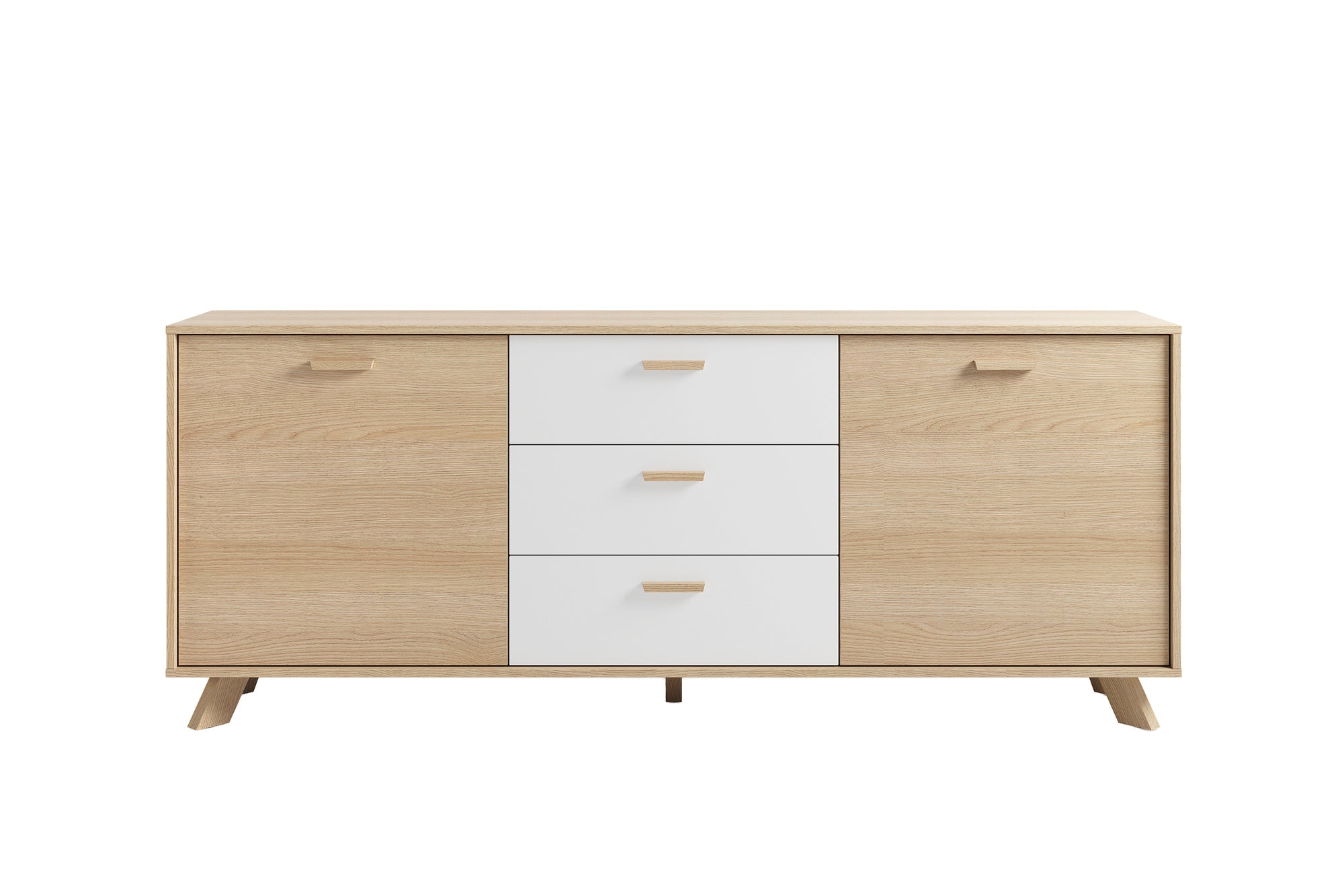 Sideboard BASTIAN / Eiche bianco, weiß / Griffe und Füße Massivholz Eiche / 3 Schubkästen und 2 Türen / viel Stauraum / Kommode / Anrichte / Maße: B 180, H 72,5, T 36,5 cm