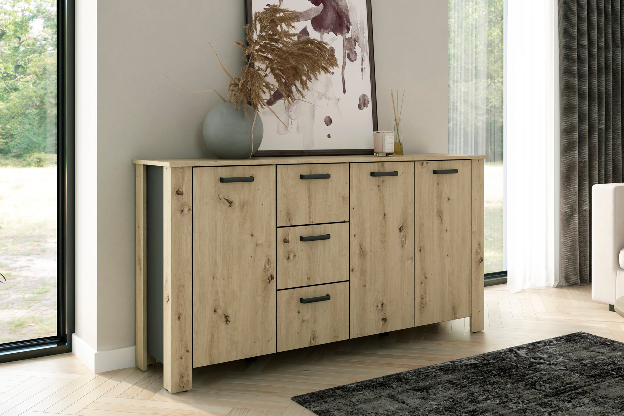 Sideboard FARO / Artisan Eiche (Eiche-Optik) oder weiß, Absetzung in schwarz / Stollenoptik / 3 Türen und 3 Schubkästen / verstellbare Einlegeböden / viel Stauraum / Kommode / Anrichte / Maße: B 160, H 84, T 40 cm