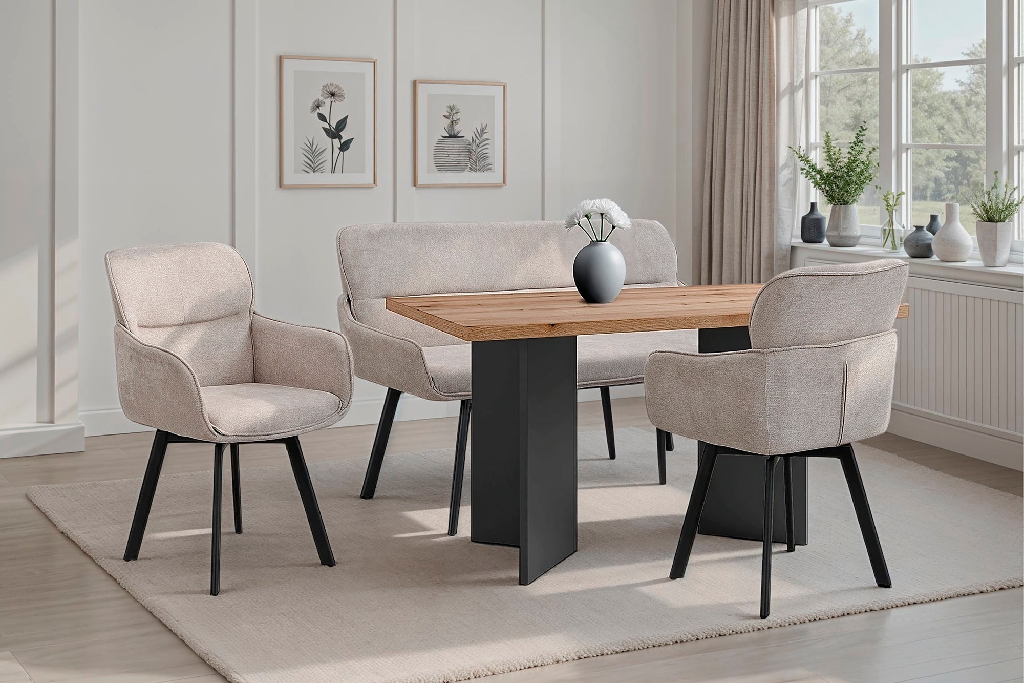 Stuhl 2-er Set RICO / Webstoffbezug in dunkelgrau oder taupe, Gestell in schwarz / 360° drehbar / Esszimmerstuhl / Küchenstuhl / B 61 x H 90 x T 63 cm