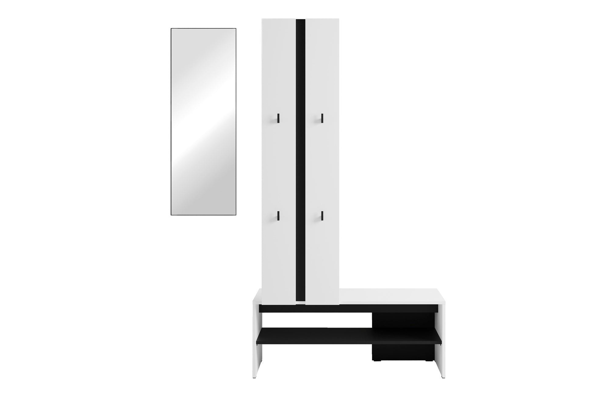 Kompaktgarderobe NANTE / Artisan Eiche (Eiche-Optik) oder weiß, Absetzung in schwarz / Spiegel, Kleiderstange, offene Fächer / Garderobenmöbel / Flurgarderobe / Maße: B 100, H 186, T 40 cm