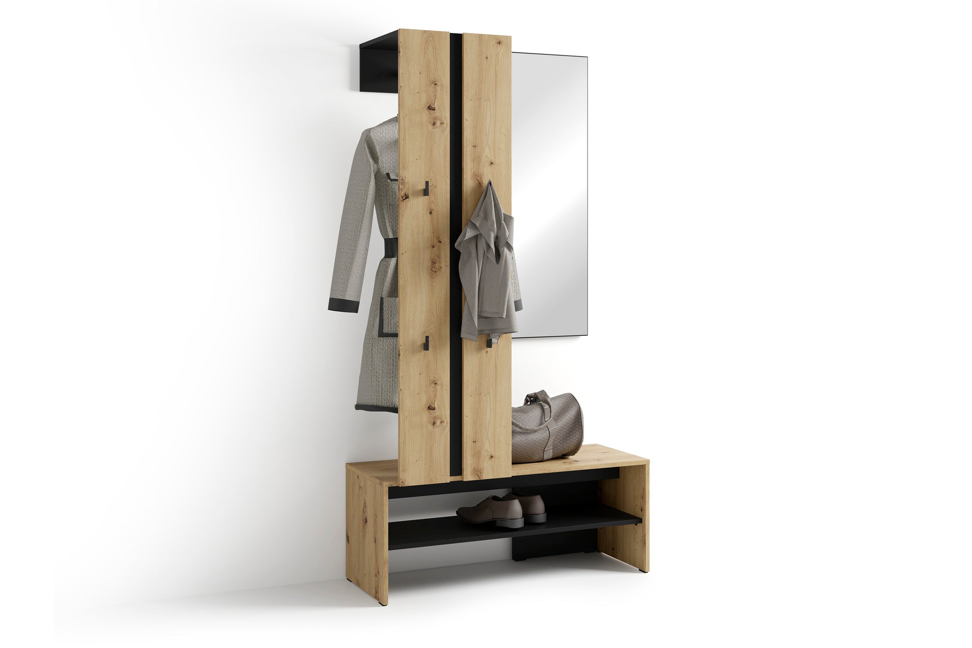 Kompaktgarderobe NANTE / Artisan Eiche (Eiche-Optik) oder weiß, Absetzung in schwarz / Spiegel, Kleiderstange, offene Fächer / Garderobenmöbel / Flurgarderobe / Maße: B 100, H 186, T 40 cm