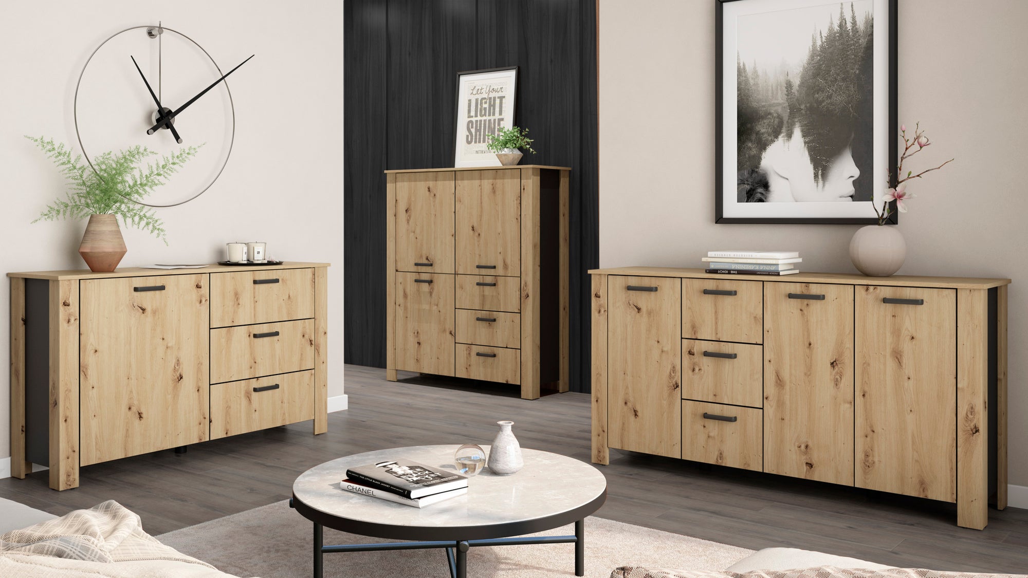 Sideboard FARO / Artisan Eiche (Eiche-Optik) oder weiß, Absetzung in schwarz / Stollenoptik / 3 Türen und 3 Schubkästen / verstellbare Einlegeböden / viel Stauraum / Kommode / Anrichte / Maße: B 160, H 84, T 40 cm