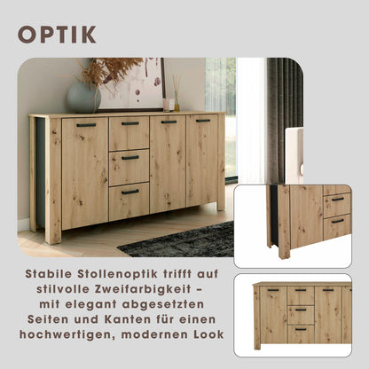 byLIVING Sideboard FARO / Artisan Eiche (Eiche-Optik) oder weiß, Absetzung in schwarz / Stollenoptik / 3 Türen und 3 Schubkästen / verstellbare Einlegeböden / viel Stauraum / Kommode / Anrichte / Maße: B 160, H 84, T 40 cm