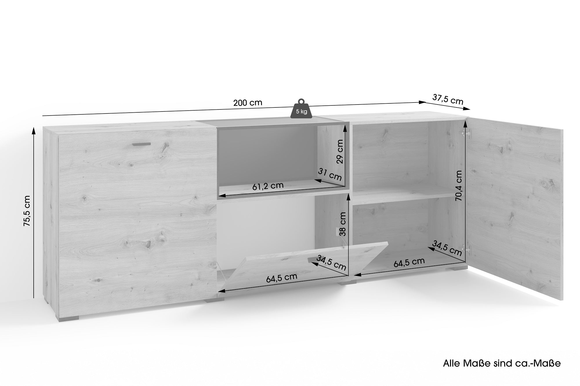 byLIVING Sideboard FRAME / Artisan Eiche (Eiche-Optik) / Fach mit Metallrahmen und Glasablage, verstellbare Böden / Anrichte / Kommode / Maße: B 200, H 75,5, T 37,5 cm