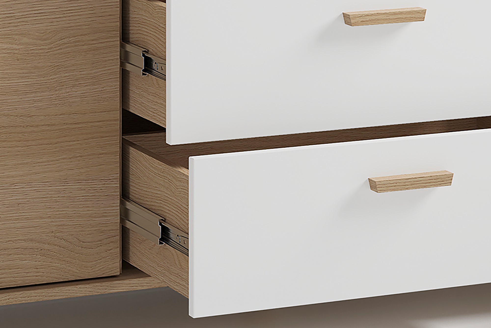 Sideboard BASTIAN / Eiche bianco, weiß / Griffe und Füße Massivholz Eiche / 3 Schubkästen und 2 Türen / viel Stauraum / Kommode / Anrichte / Maße: B 180, H 72,5, T 36,5 cm