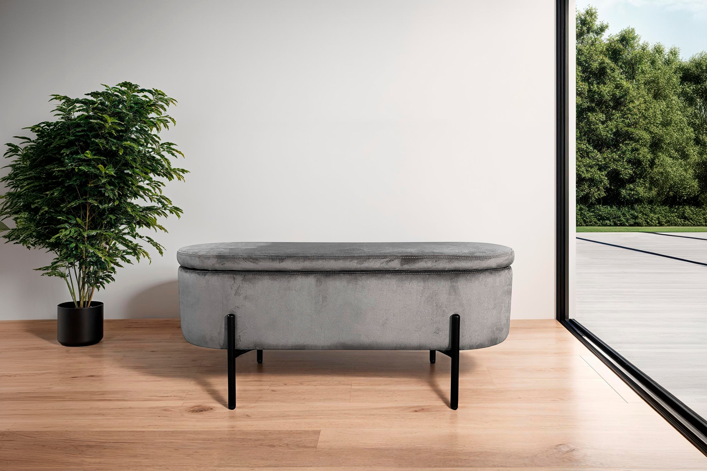 Bank NOVA / Samt dunkelgrün, grau oder schwarz / Metall schwarz pulverbeschichtet / Polsterbank mit Stauraum / B 95, H 42, T 37,5 cm