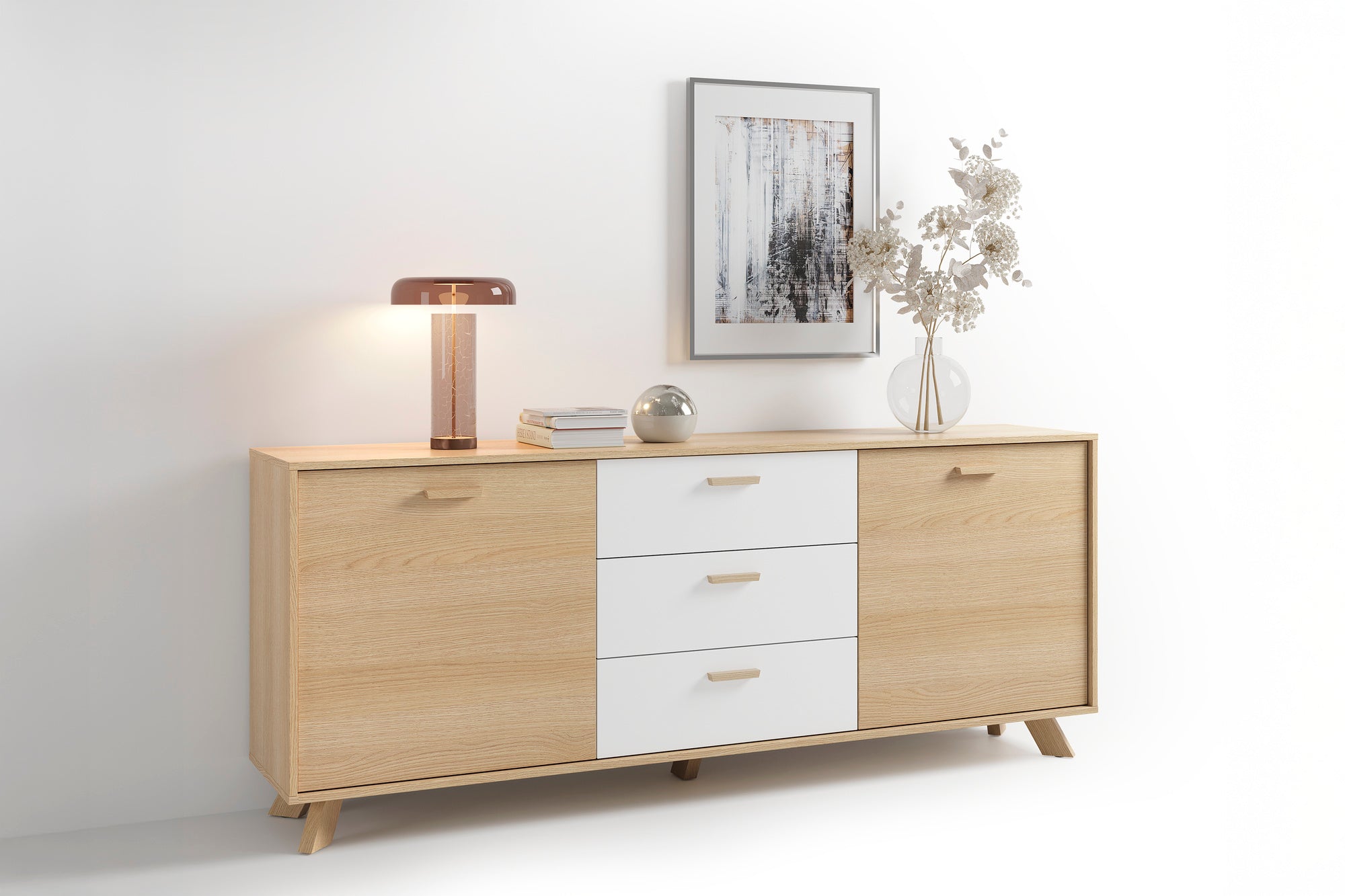 Sideboard BASTIAN / Eiche bianco, weiß / Griffe und Füße Massivholz Eiche / 3 Schubkästen und 2 Türen / viel Stauraum / Kommode / Anrichte / Maße: B 180, H 72,5, T 36,5 cm