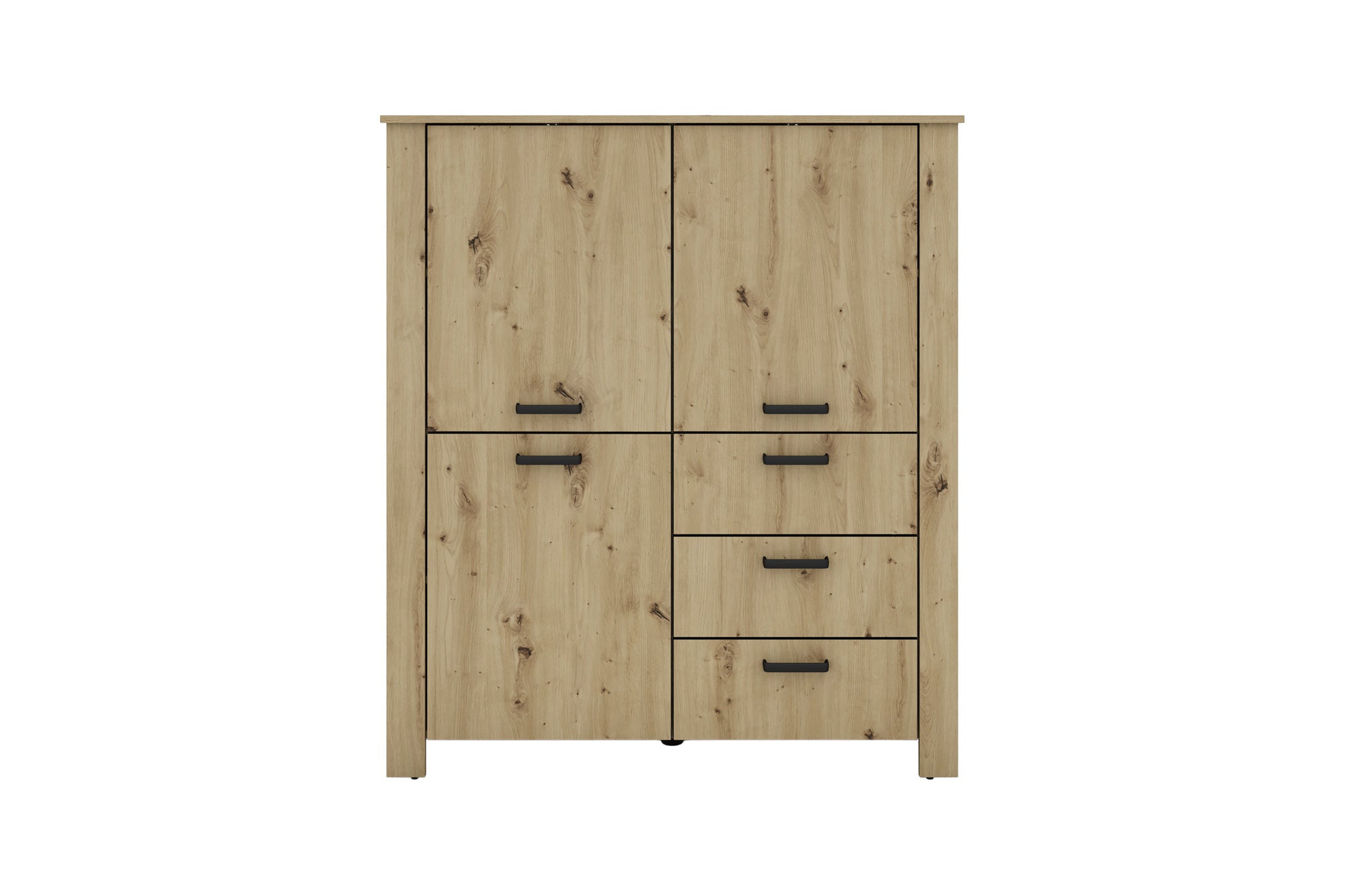 Higboard FARO / Artisan Eiche (Eiche-Optik) oder weiß, Absetzung in schwarz / Stollenoptik / 3 Türen und 3 Schubkästen / verstellbare Einlegeböden / viel Stauraum / Sideboard / Kommode / Maße: B 160, H 84, T 40 cm