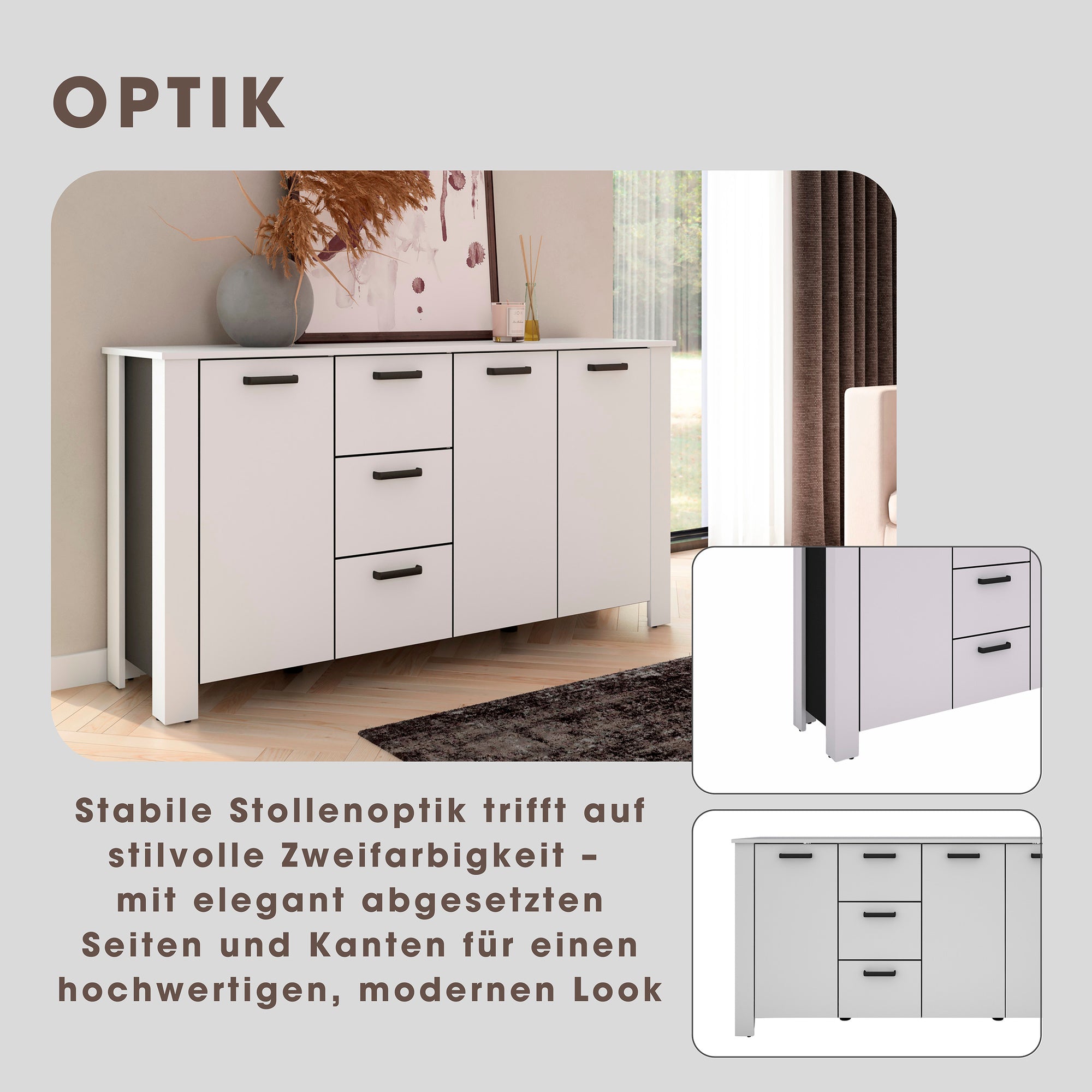 Sideboard FARO / Artisan Eiche (Eiche-Optik) oder weiß, Absetzung in schwarz / Stollenoptik / 3 Türen und 3 Schubkästen / verstellbare Einlegeböden / viel Stauraum / Kommode / Anrichte / Maße: B 160, H 84, T 40 cm