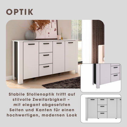 byLIVING Sideboard FARO / Artisan Eiche (Eiche-Optik) oder weiß, Absetzung in schwarz / Stollenoptik / 3 Türen und 3 Schubkästen / verstellbare Einlegeböden / viel Stauraum / Kommode / Anrichte / Maße: B 160, H 84, T 40 cm