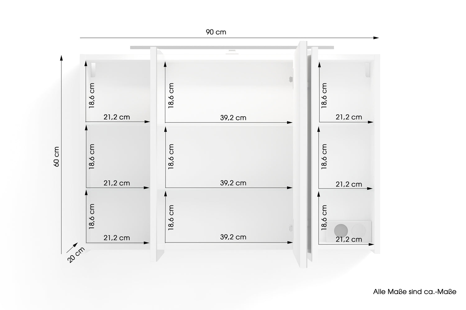 byLIVING Spiegelschrank SPREE / Korpus matt weiß oder anthrazit mit Spiegeltüren / Hängeschrank mit Soft-Close-Funktion / Inklusive LED-Beleuchtung / Badschrank mit Stecker- und Schalterdose / B 90, H 60, T 20 cm