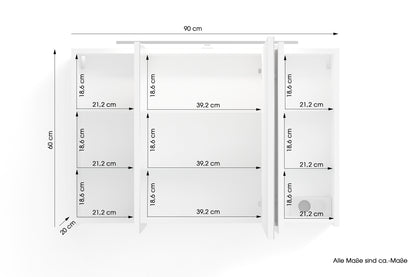 byLIVING Spiegelschrank SPREE / Korpus matt weiß oder anthrazit mit Spiegeltüren / Hängeschrank mit Soft-Close-Funktion / Inklusive LED-Beleuchtung / Badschrank mit Stecker- und Schalterdose / B 90, H 60, T 20 cm