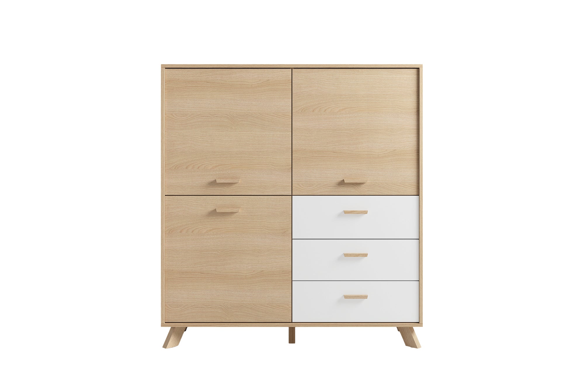 byLIVING Highboard BASTIAN / Eiche bianco, weiß / Griffe und Füße Massivholz Eiche / 3 Türen, 3 Schubladen / viel Stauraum / Kommode / Schrank / Maße: B 120, H 131, T 36,5 cm