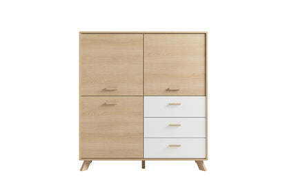 byLIVING Highboard BASTIAN / Eiche bianco, weiß / Griffe und Füße Massivholz Eiche / 3 Türen, 3 Schubladen / viel Stauraum / Kommode / Schrank / Maße: B 120, H 131, T 36,5 cm