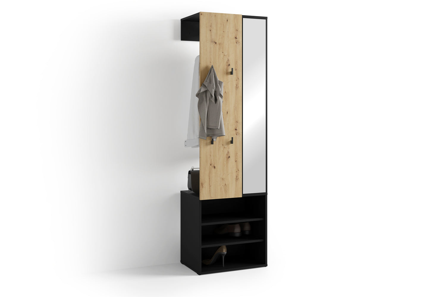 byLIVING Kompaktgarderobe ANDORRA / Artisan Eiche (Eiche-Optik) oder weiß mit schwarz / Spiegel, Kleiderstange und Schuhfächer / Garderobenschrank / Flurgarderobe / Maße: B 55, H 187,5, T 40,5 cm