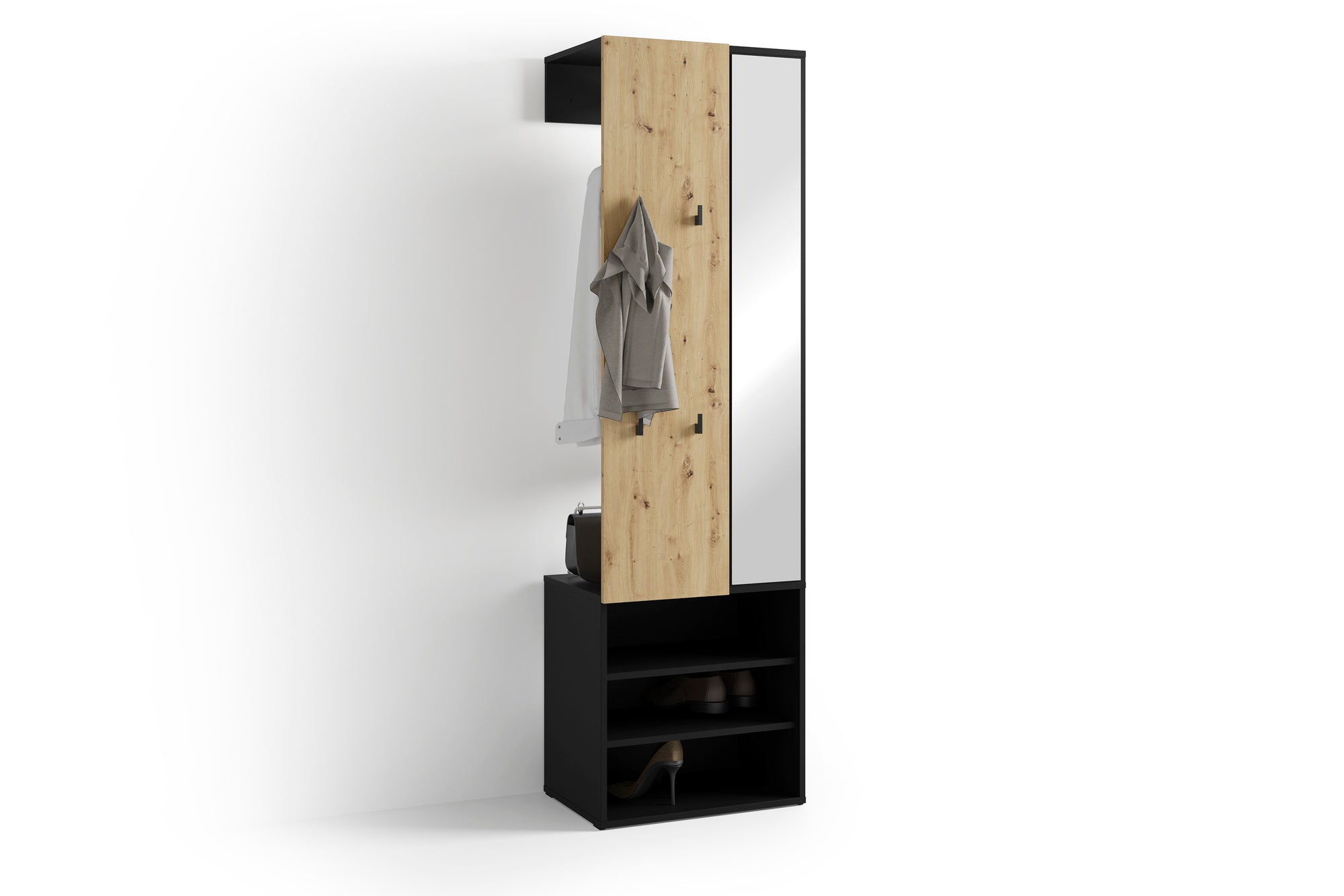 Kompaktgarderobe ANDORRA / Artisan Eiche (Eiche-Optik) oder weiß mit schwarz / Spiegel, Kleiderstange und Schuhfächer / Garderobenschrank / Flurgarderobe / Maße: B 55, H 187,5, T 40,5 cm