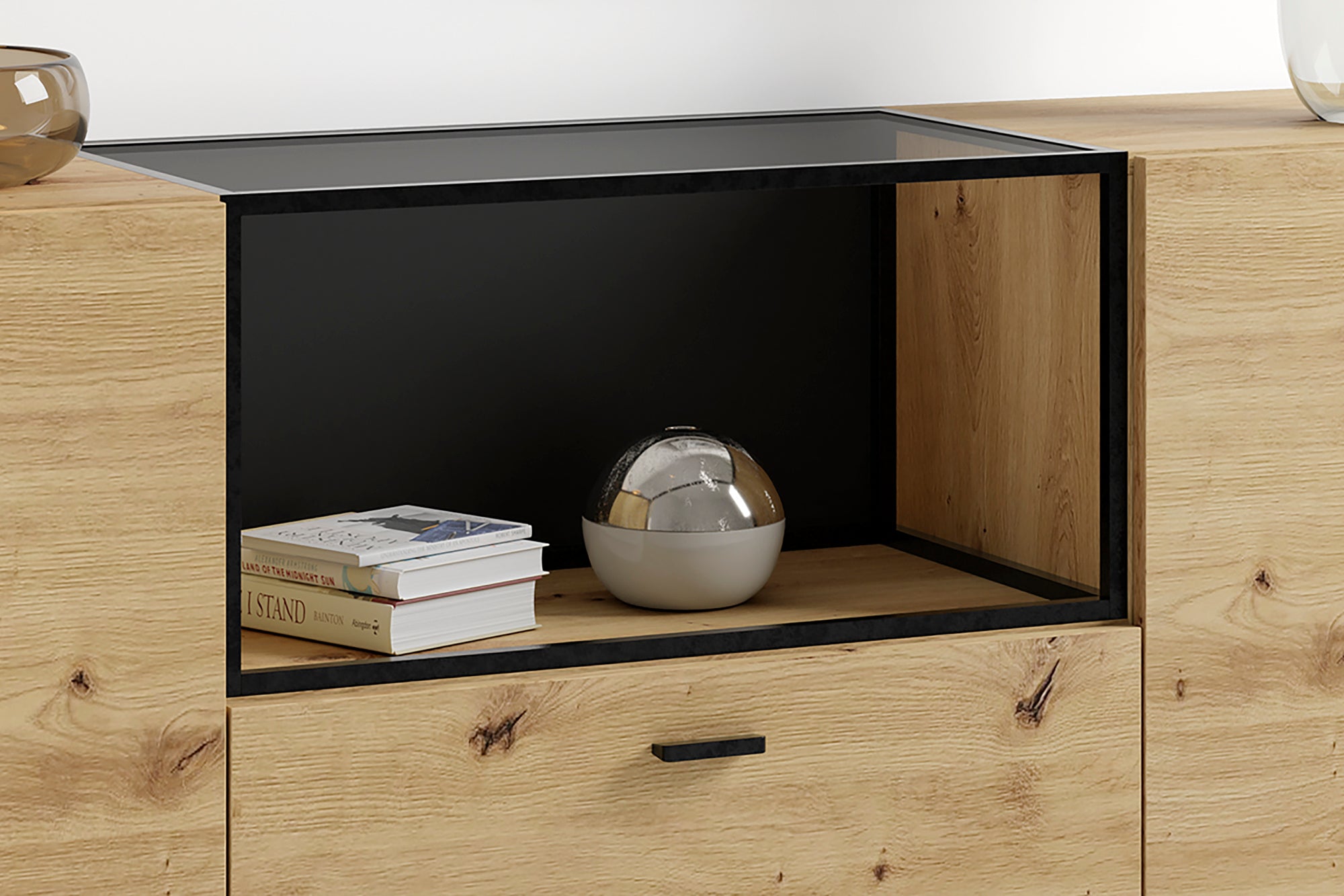 byLIVING Sideboard FRAME / Artisan Eiche (Eiche-Optik) / Fach mit Metallrahmen und Glasablage, verstellbare Böden / Anrichte / Kommode / Maße: B 200, H 75,5, T 37,5 cm