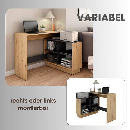 byLIVING Schreibtisch BERNI / Gaming-Tisch in weiß oder Artisan Eiche (Eiche-Optik) mit graphit / Mit viel Stauraum und großer Tischplatte / Computer-Tisch / PC / Arbeits-Tisch / rechts-links montierbar / B 112, H 77,5, T 80 cm