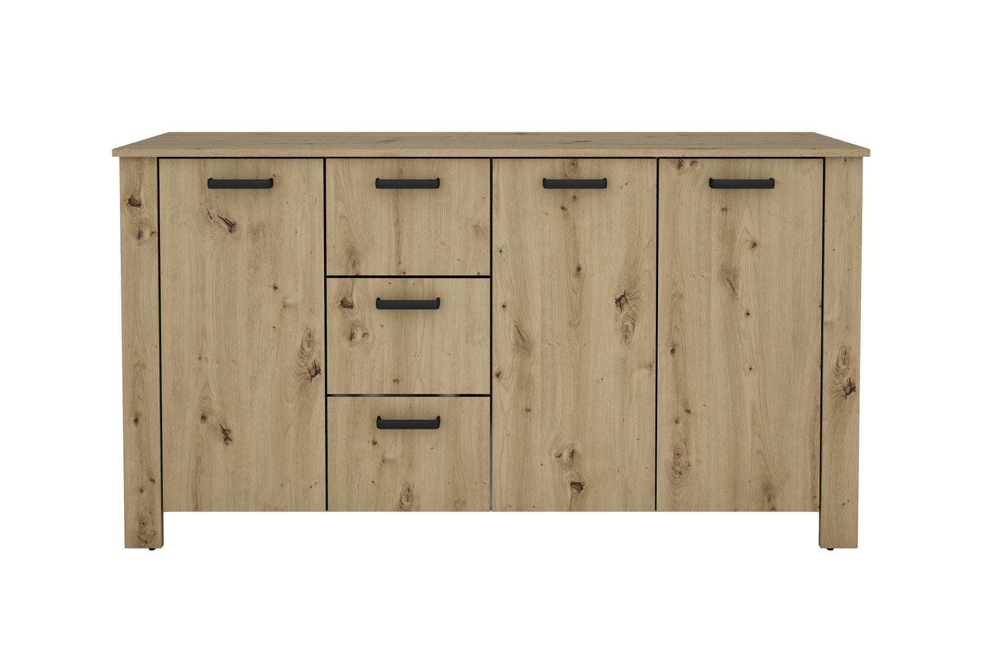 Sideboard FARO / Artisan Eiche (Eiche-Optik) oder weiß, Absetzung in schwarz / Stollenoptik / 3 Türen und 3 Schubkästen / verstellbare Einlegeböden / viel Stauraum / Kommode / Anrichte / Maße: B 160, H 84, T 40 cm