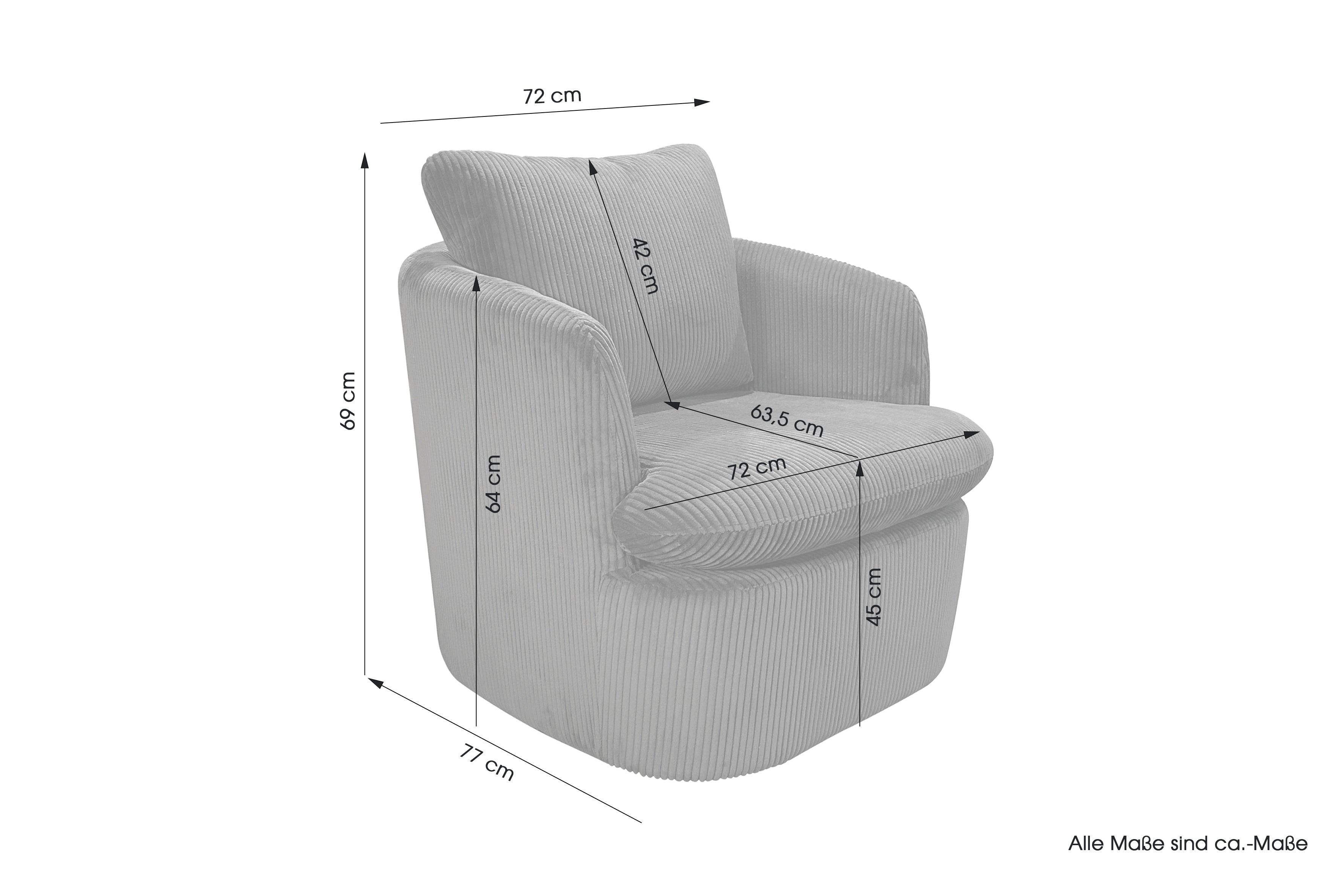 Sessel HARMONY / Grob-Cord dunkelgrau oder off white / Vollpolster / 360° drehbar / B 72, H 69, T 77 cm