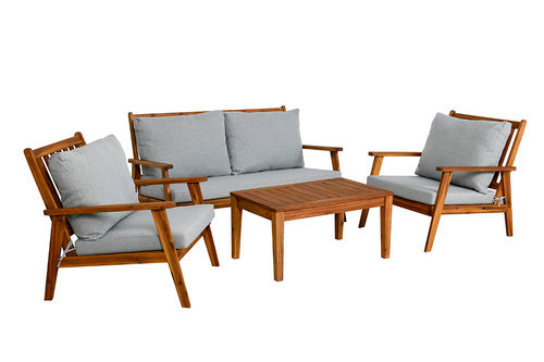 byLIVING Outdoor Sofa-Set LA PALMA / Akazie massiv, natur / Webstoff hellgrau / 2-Sitzer: B 134, H 75, T 75 cm, Sessel (2x): B 70, H 75, T 75 cm, Couchtisch: B 100, H 40, T 50 cm
