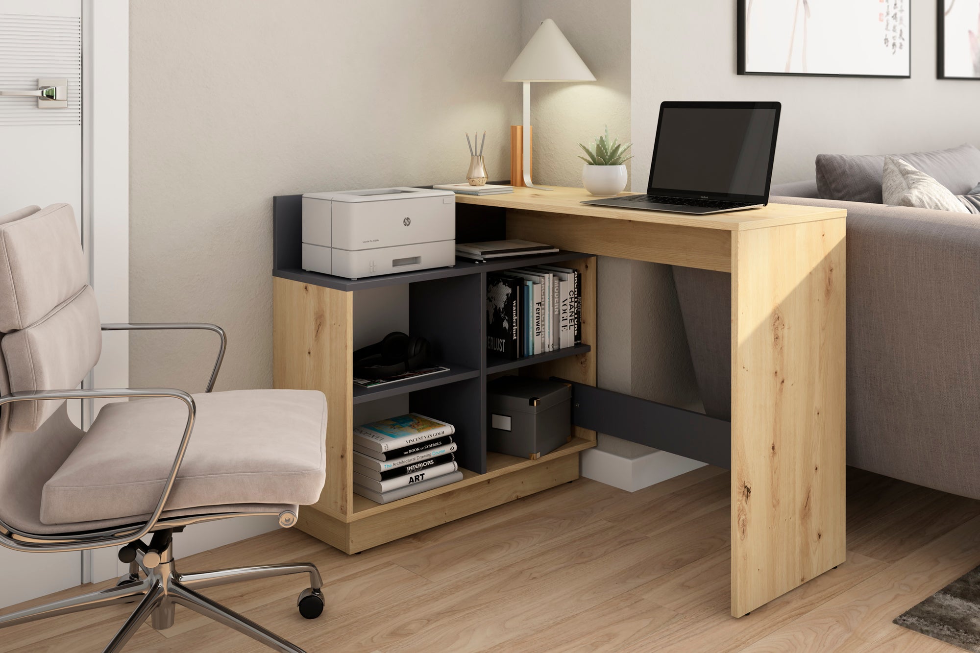 byLIVING Schreibtisch BERNI / Gaming-Tisch in weiß oder Artisan Eiche (Eiche-Optik) mit graphit / Mit viel Stauraum und großer Tischplatte / Computer-Tisch / PC / Arbeits-Tisch / rechts-links montierbar / B 112, H 77,5, T 80 cm