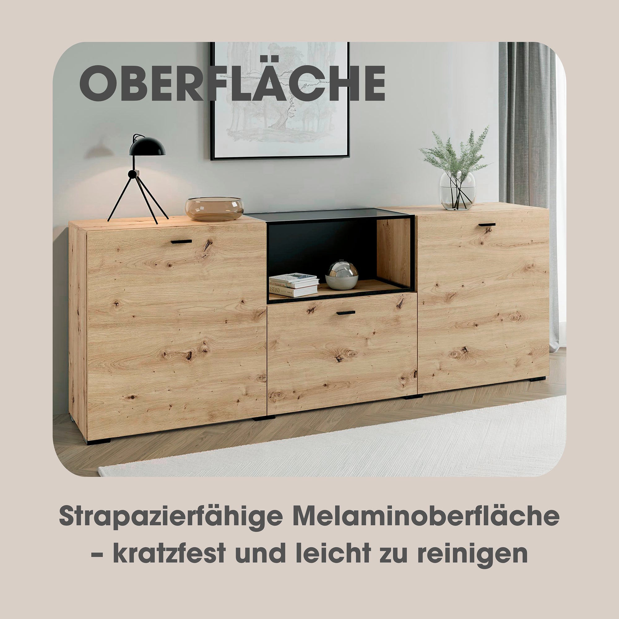 byLIVING Sideboard FRAME / Artisan Eiche (Eiche-Optik) / Fach mit Metallrahmen und Glasablage, verstellbare Böden / Anrichte / Kommode / Maße: B 200, H 75,5, T 37,5 cm