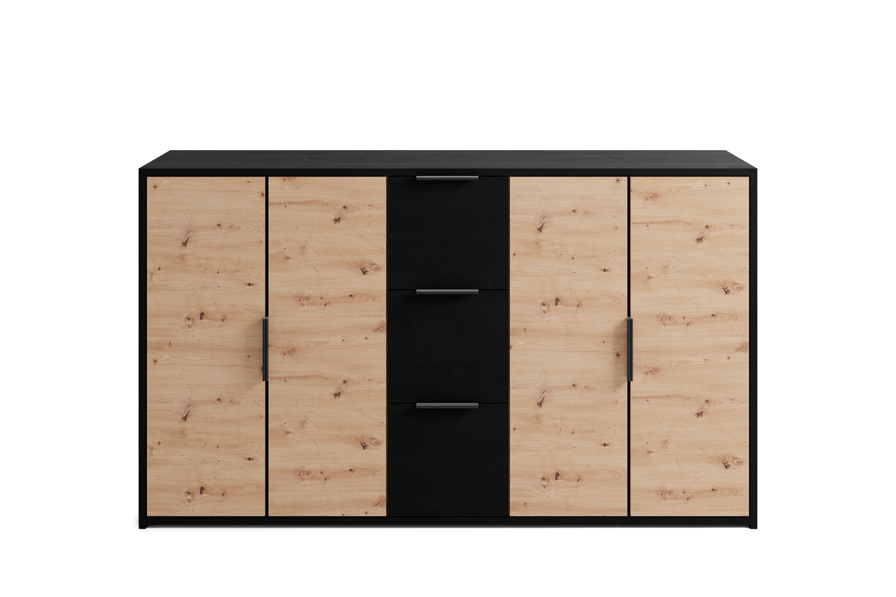 Sideboard RIMINI / Melamin Eiche schwarz und Artisan Eiche / 4 Türen / B 139, H 80, T 39 cm