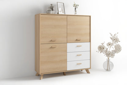 byLIVING Highboard BASTIAN / Eiche bianco, weiß / Griffe und Füße Massivholz Eiche / 3 Türen, 3 Schubladen / viel Stauraum / Kommode / Schrank / Maße: B 120, H 131, T 36,5 cm