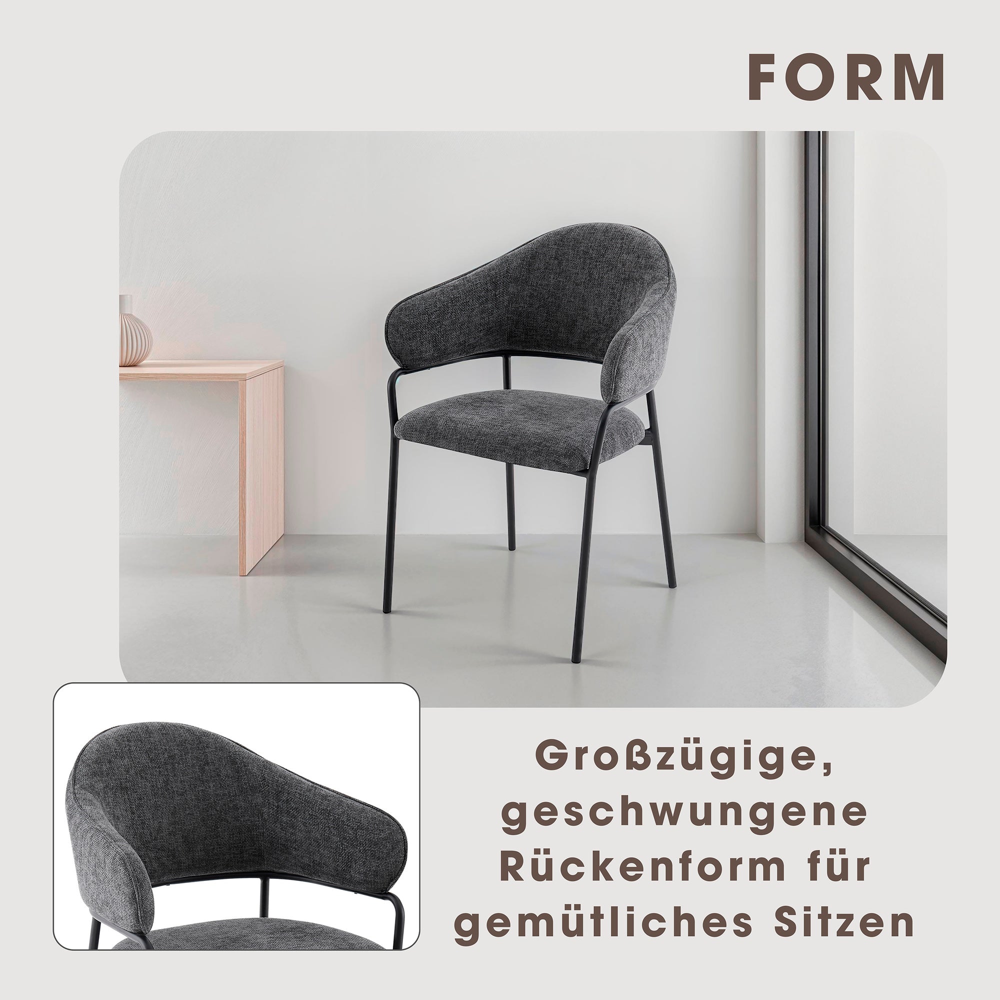Stuhl 2-er Set CURVE / Webstoffbezug in dunkelgrau, dunkelgrün oder taupe, Gestell in schwarz / Esszimmerstuhl / Küchenstuhl / Maße: B 60 x H 86 x T 58 cm