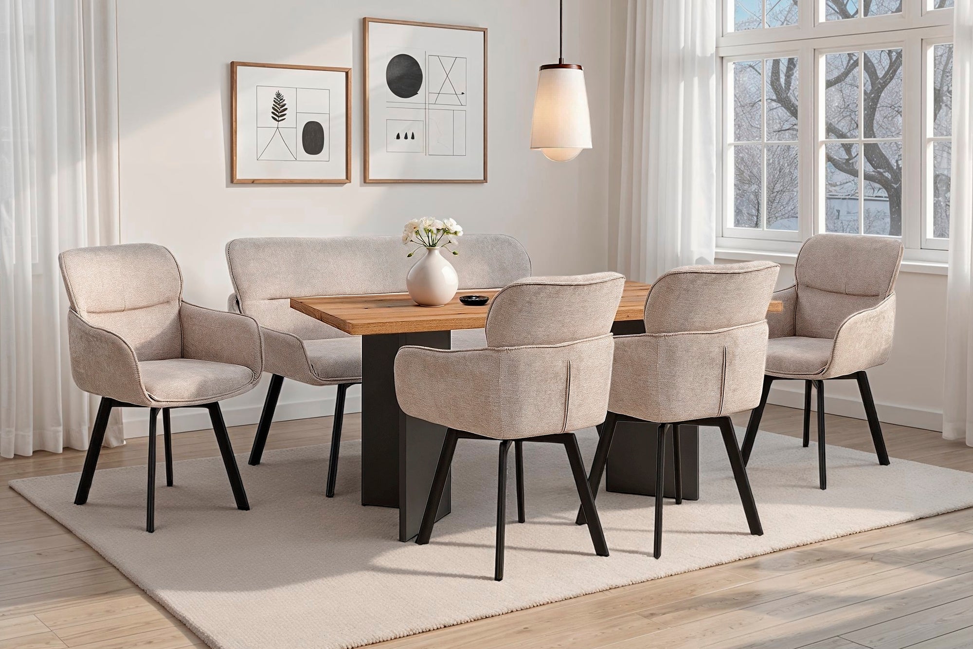 Stuhl 2-er Set RICO / Webstoffbezug in dunkelgrau oder taupe, Gestell in schwarz / 360° drehbar / Esszimmerstuhl / Küchenstuhl / B 61 x H 90 x T 63 cm