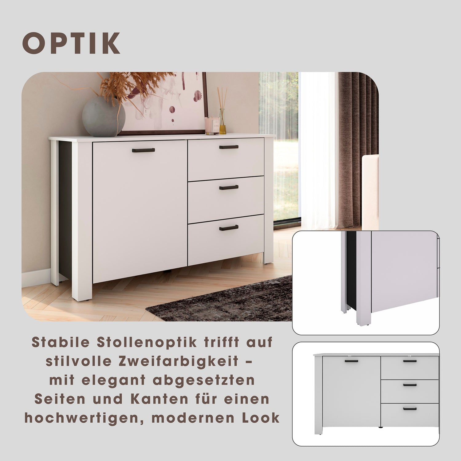 byLIVING Sideboard FARO / Artisan Eiche (Eiche-Optik) oder weiß, Absetzung in schwarz / 1 Tür und 3 Schubkästen / verstellbare Einlegeböden / viel Stauraum / Kommode / Anrichte / Maße: B 140, H 84, T 40 cm