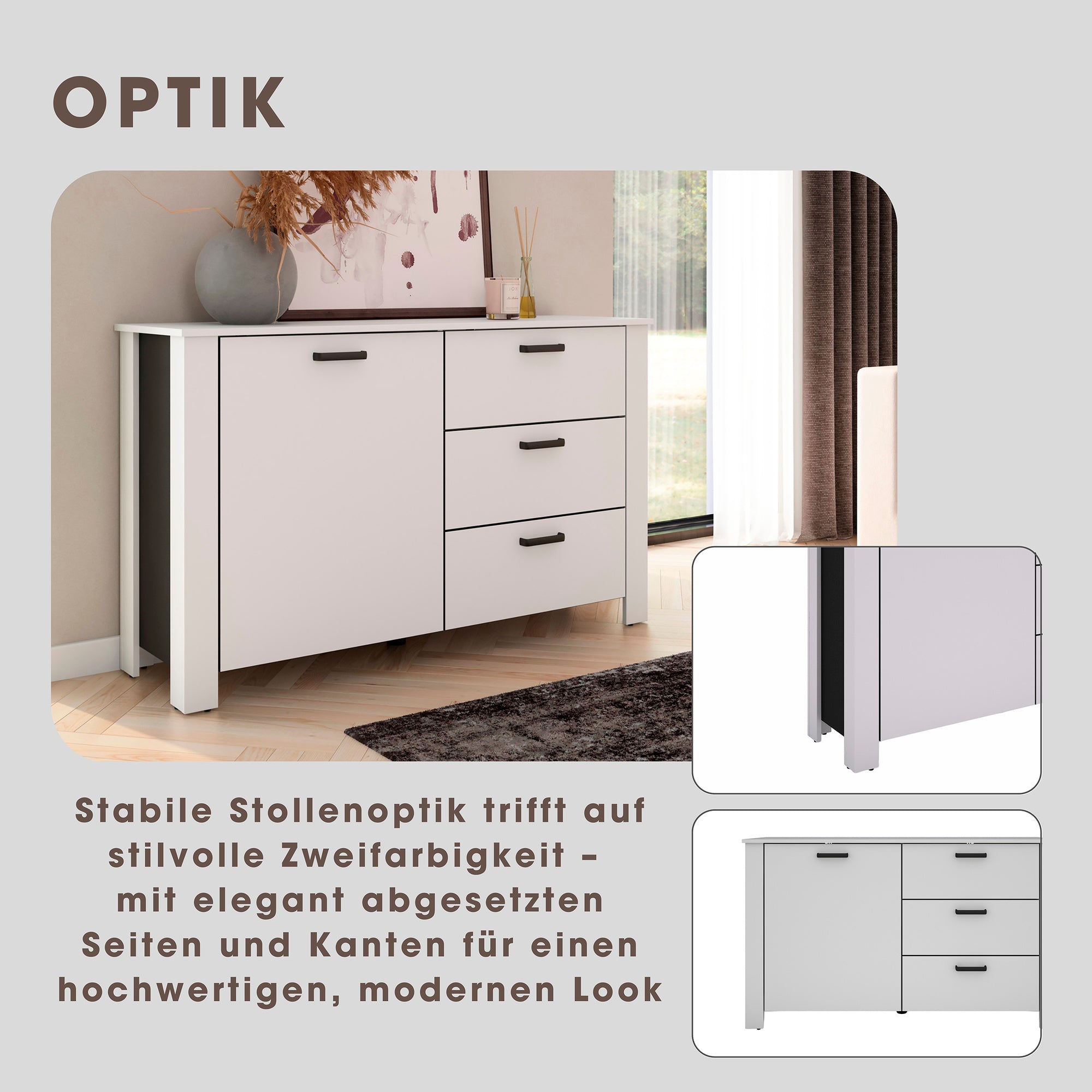 Sideboard FARO / Artisan Eiche (Eiche-Optik) oder weiß, Absetzung in schwarz / 1 Tür und 3 Schubkästen / verstellbare Einlegeböden / viel Stauraum / Kommode / Anrichte / Maße: B 140, H 84, T 40 cm