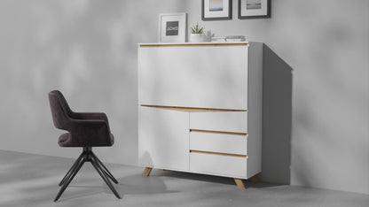 Sekretär VALENTIN / Sekretär matt weiß mit Absetzung in Eiche-Optik / Office-Schrank mit 1 Tür und 3 Schubkästen / Scandi-Style / Grifflos / B 120, H 127, T 38 cm