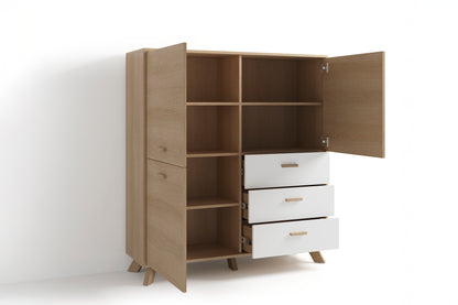 byLIVING Highboard BASTIAN / Eiche bianco, weiß / Griffe und Füße Massivholz Eiche / 3 Türen, 3 Schubladen / viel Stauraum / Kommode / Schrank / Maße: B 120, H 131, T 36,5 cm