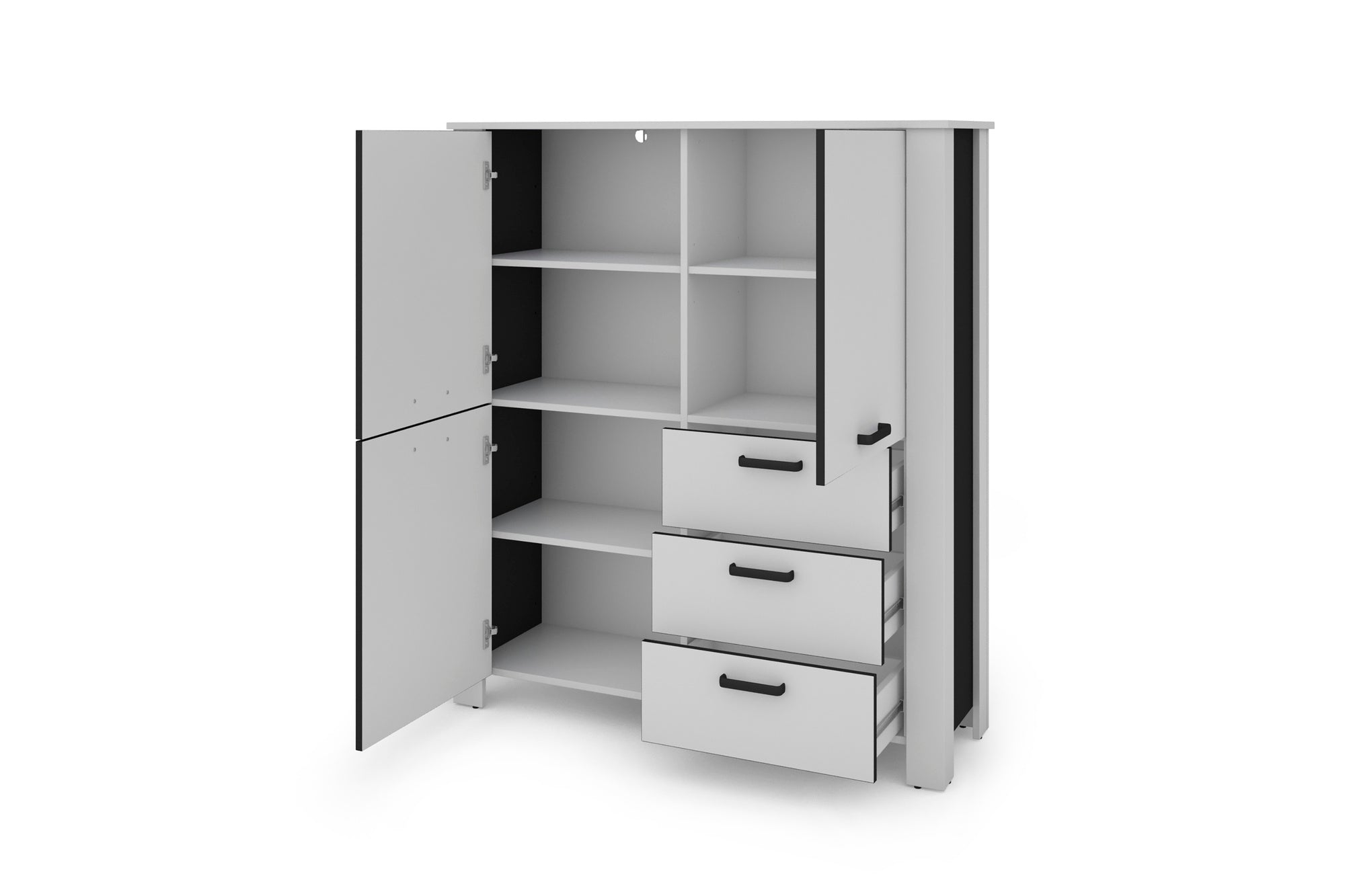 Higboard FARO / Artisan Eiche (Eiche-Optik) oder weiß, Absetzung in schwarz / Stollenoptik / 3 Türen und 3 Schubkästen / verstellbare Einlegeböden / viel Stauraum / Sideboard / Kommode / Maße: B 160, H 84, T 40 cm