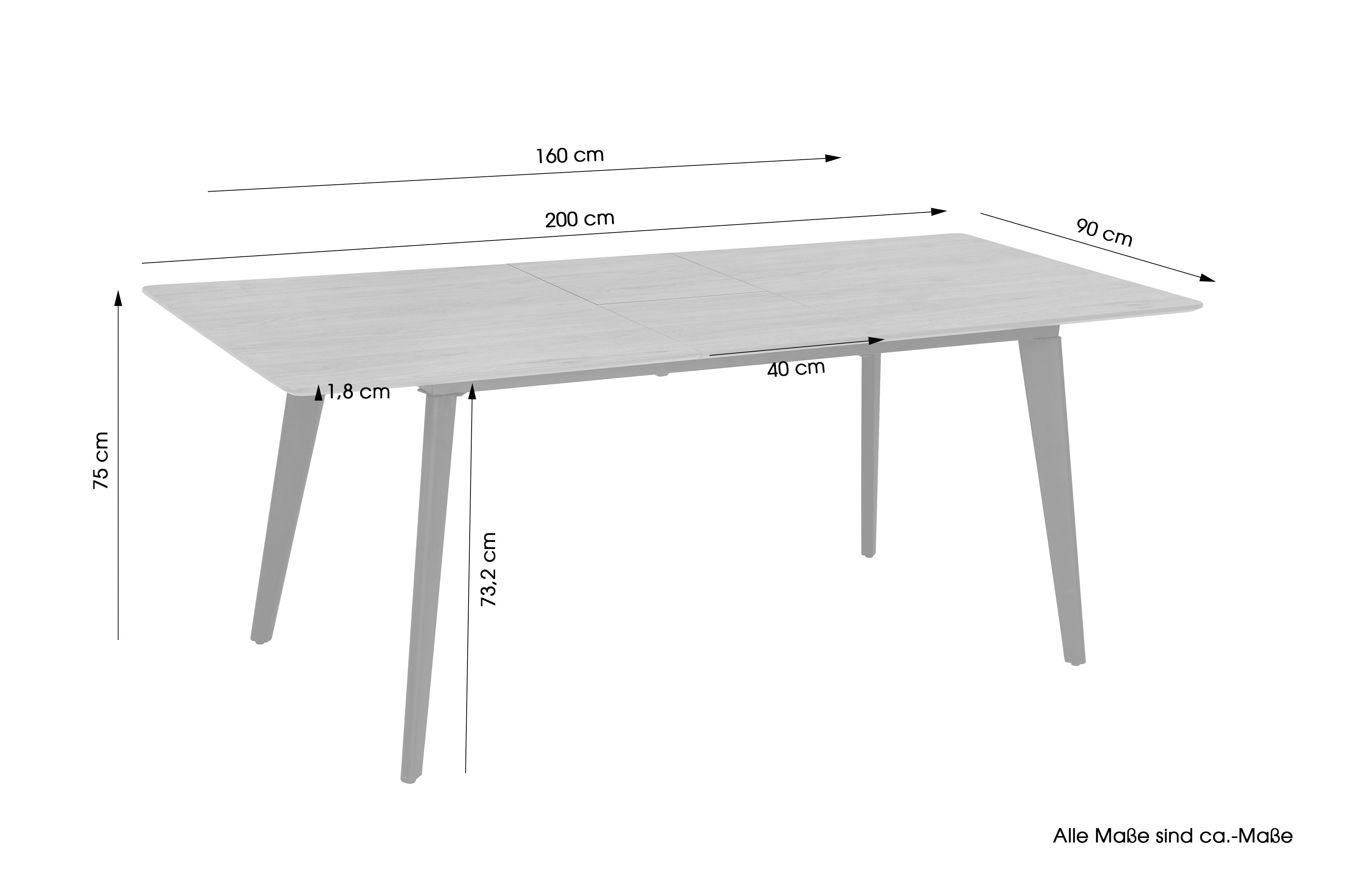 Esstisch OKLAHOMA / mit Auszug / Tischplatte Eichen-Optik / mit Schweizer Kante / Gestell Metall schwarz / HPL-Beschichtung / Küchentisch / 160-200 x 90, H 76 cm