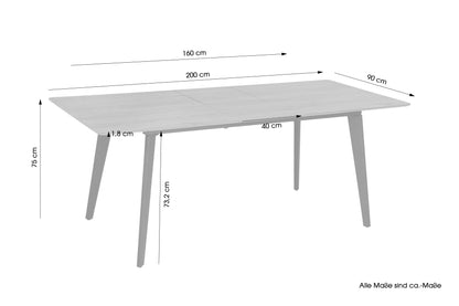 Esstisch OKLAHOMA / mit Auszug / Tischplatte Eichen-Optik / mit Schweizer Kante / Gestell Metall schwarz / HPL-Beschichtung / Küchentisch / 160-200 x 90, H 76 cm